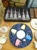 A BOXED SET OF THOMAS WEBB CUT CRYSTAL CHAMPAGNE GLASSES (ONE A.F.) AND A ROYAL WORCESTER CHINA