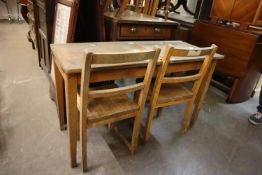 A VINTAGE SMALL DOUBLE SCHOOL DESK AND TWO CHAIRS (3)
