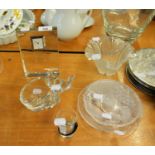 WATERFORD JON ROCHA LEAD CRYSTAL CLOCK; GLASS MODEL OF AN ELEPHANT; 3 FROSTED GLASS ITEMS - A DISH