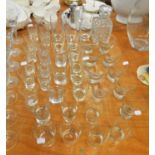 CUT GLASS WHISKY DECANTER AND STOPPER; 9 FROSTED GLASS BASED WHISKY GLASSES; 14 LARGE TUMBLERS; 17