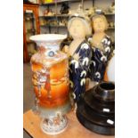 PAIR OF JAPANESE GEISHAS, ONE HOLDING A PIG, 60.9cm HIGH AND A DECORATIVE JAPANESE VASE (as