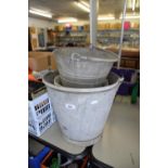 GALVANISED METAL LARGE BUCKET AND A QUANTITY OF PLASTIC PLANT POTS