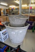 GALVANISED METAL LARGE BUCKET AND A QUANTITY OF PLASTIC PLANT POTS