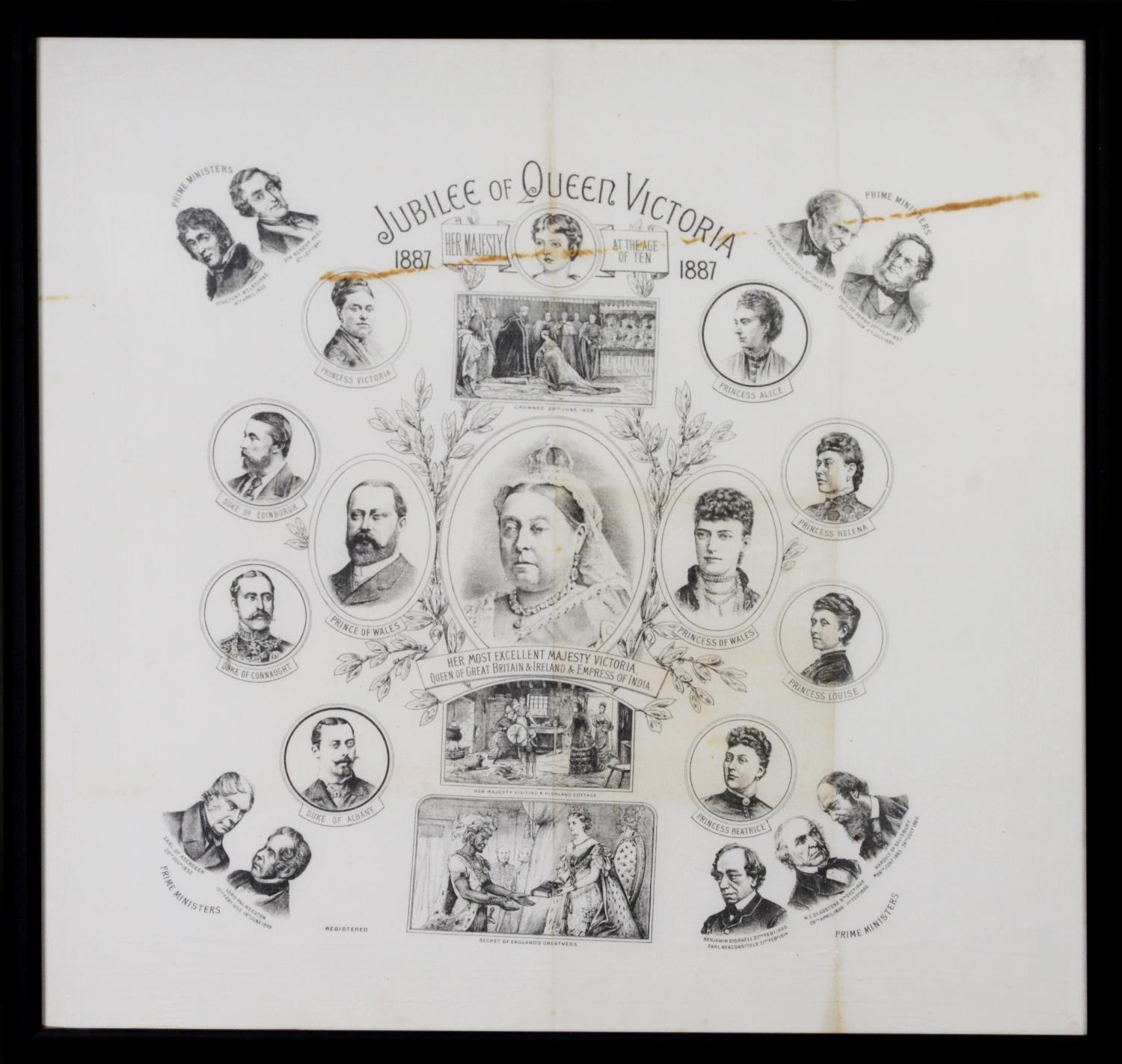 BLACK AND WHITE PRINTED LINEN PANEL commemorating the Jubilee of Queen Victoria 1837 - 1887 with - Image 2 of 2