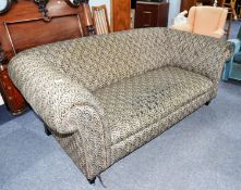 CHESTERFIELD SETTEE WITH ROUND, LOW BACK AND WITH PINK LINEN LOOSE COVERS