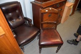 BROWN LEATHER COVERED LIBRARY OPEN ARMCHAIR AND A SIMILAR DINING CHAIR (2)
