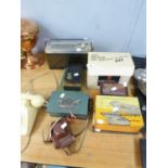 BOXED VINTAGE KITCHENALIA INCLUDING; A TRAVEL IRON, RADIO, HALINA CAMERA ETC.....