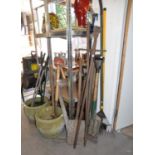 LONG-REACH TREE PRUNER AND APPROXIMATELY 20 GARDEN TOOLS, INCLUDING BOWSAW, PICKAXE, etc