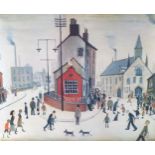 AFTER L S LOWRY TWO UNSIGNED REPRODUCTION COLOUR PRINTS 'A Street in Clitheroe' and Whit Walks