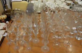 18 WINE GLASSES, WITH FROSTED BASE; 9 SMALLER SHERRY GLASSES, WITH FROSTED BASE; 6 BRANDY