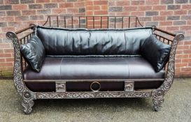 PAIR OF THOMASVILLE ERNEST HEMINGWAY COLLECTION WROUGHT IRON SOFAS/DAYBEDS, WITH BLACK LEATHER SEATS