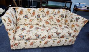 KNOLL SETTEE, UPHOLSTERED AND COVERED IN WHITE AND FLORAL PRINTED LINEN, 6’6” (198.1cm) WIDE AND THE