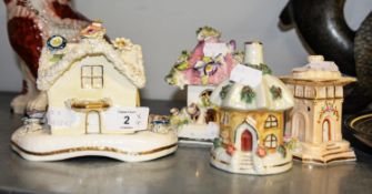 STAFFORDSHIRE POTTERY PASTILLE BURNER, MODEL OF A HOUSE AND THREE OTHER PASTILLE BURNERS (4)