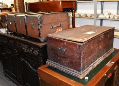 LEATHER AND WOOD BOUND CABIN TRUNK AND A PINE BLANKET BOX (as found) (2)