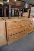 PINE CHEST OF TWO SHORT AND TWO LONG DRAWERS, WITH WOODEN KNOB HANDLES, PLINTH BASE, 3’6” (106.