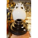 LARGE WHITE PORCELAIN MOON FLASK VASE AND AN UNUSUAL WOODEN VASE/BOWL