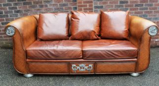THOMASVILLE ERNEST HEMINGWAY COLLECTION FOUR PIECE BROWN LEATHER AND RATTAN EFFECT LOUNGE SUITE OF 2