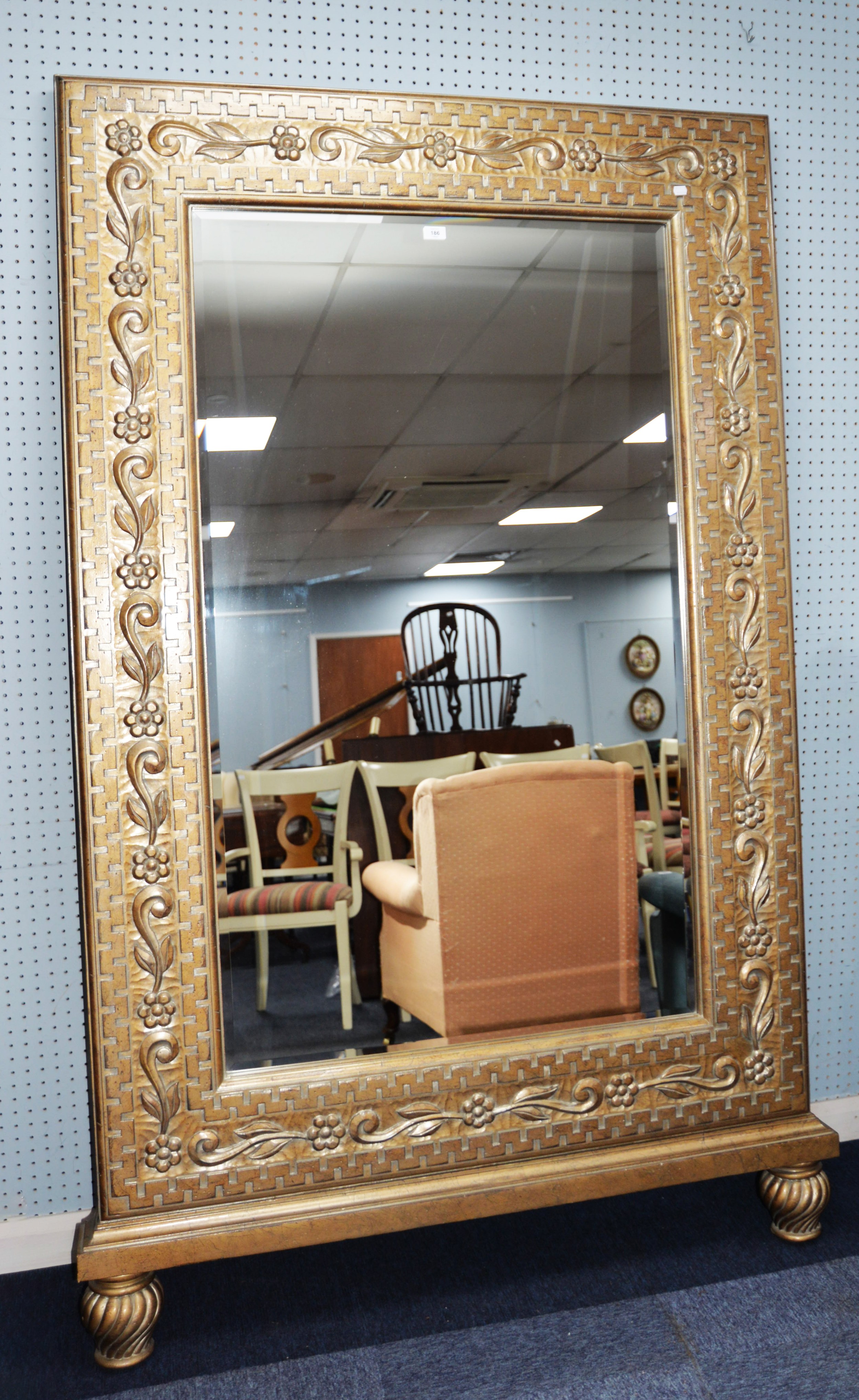 LARGE KEY WORK GILT FRAMED PIER MIRROR, RAISED ON TURNED SPIRAL SUPPORTS, 212cm high, 136cm wide