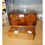 VICTORIAN WALNUT WORK BOX, WITH TUNBRIDGE BROAD BANDED INLAY, 10in (25.5cm) WIDE AND A JERUSALEM