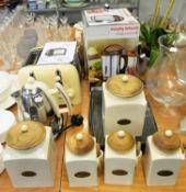DUALIT FOUR SLICE TOASTER, MATCHING KETTLE; BODUM BLENDER; TWO POTTERY BISCUIT BARRELS, COFFEE AND