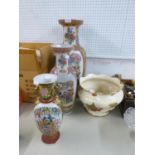 THREE ORIENTAL VASES, 23 1/2", 18" AND 14" HIGH RESPECTIVELY AND AN EARTHENWARE JARDINIERE (4)