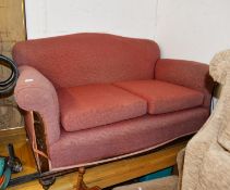 EARLY 20TH CENTURY CARVED MAHOGANY FRAMED TWO SEATER SETTEE, IN PINK UNCUT MOQUETTE AND THE PINK