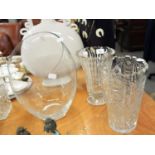 LARGE CUT GLASS FLOWER VASE; ANOTHER CUT GLASS FLOWER VASE AND A LARGE PLAIN GLASS BOWL (3)