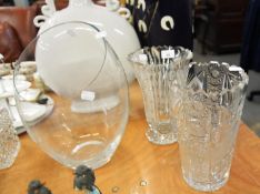 LARGE CUT GLASS FLOWER VASE; ANOTHER CUT GLASS FLOWER VASE AND A LARGE PLAIN GLASS BOWL (3)