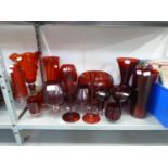 COLLECTION OF RUBY GLASS VASES, BOWLS, CANDLESTICKS, GLASSES ETC....