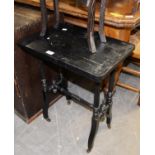 VICTORIAN EBONISED OBLONG OCCASIONAL TABLE WITH TURNED AND FLUTED LEGS AND SHOULDER RAILS, ON POT