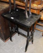 VICTORIAN EBONISED OBLONG OCCASIONAL TABLE WITH TURNED AND FLUTED LEGS AND SHOULDER RAILS, ON POT