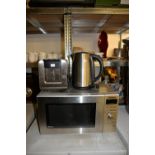 PANASONIC STAINLESS STEEL MICROWAVE OVEN; ELECTRIC TOASTER, A JUG KETTLE AND A LARGE KITCHEN BIN