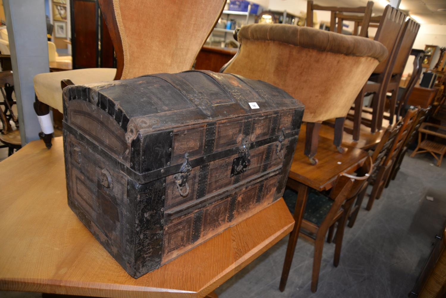 NINETEENTH CENTURY WOOD AND BRASS BOUND DOMED TOPPED CHEST