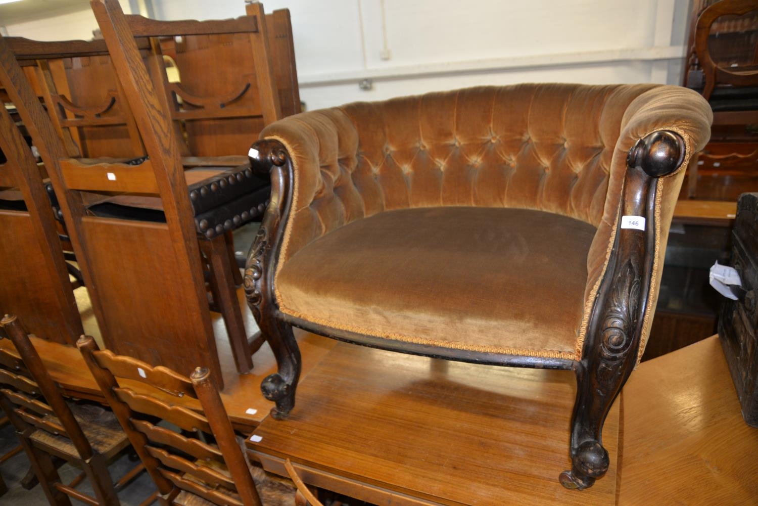 VICTORIAN TUB CHAIR/LOVE SEAT, CARVED FRONT SCROLL, GOLD BUTTONED VELVET