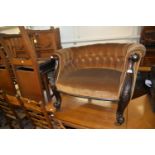 VICTORIAN TUB CHAIR/LOVE SEAT, CARVED FRONT SCROLL, GOLD BUTTONED VELVET