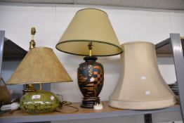 3 LAMPS AND SHADES, TO INCLUDE; A BRASS LAMP, LUSTRE LAMP AND COPPER AND BLACK VASE STYLE LAMP
