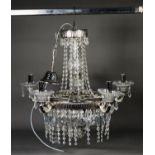 MODERN GLASS AND EMBOSSED WHITE METAL TENT AND BAG STYLE EIGHT LIGHT ELECTROLIER, with three