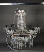 MODERN GLASS AND EMBOSSED WHITE METAL TENT AND BAG STYLE EIGHT LIGHT ELECTROLIER, with three