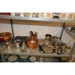 COPPER KETTLE, AVIA MANTEL CLOCK, VARIOUS PLATES ITEMS TO INCLUDE; PLATTERS, SALT AND PEPPER, A