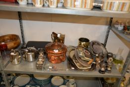 COPPER KETTLE, AVIA MANTEL CLOCK, VARIOUS PLATES ITEMS TO INCLUDE; PLATTERS, SALT AND PEPPER, A