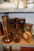 SIX EARLY TWENTIETH CENTURY AND LATER OAK ITEMS, comprising: TWO MANTLE CLOCKS, one inlaid and