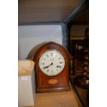 COMITTI, MODERN EDWARDIAN STYLE INLAID MAHOGANY MANTLE CLOCK, in lancet shaped case with white Roman