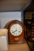 COMITTI, MODERN EDWARDIAN STYLE INLAID MAHOGANY MANTLE CLOCK, in lancet shaped case with white Roman