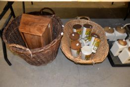 TWO LARGE WICKER BASKETS, WOODEN BREAD BIN AND SEVEN CROWN DEVON STORAGE JARS (ONE LID MISSING)