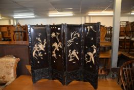 JAPANESE FOUR FOLD TABLE SCREEN, EMBOSSED WITH BIRDS AND FOLIAGE , 83cm high, EACH PANEL 28cm wide