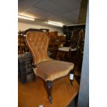 VICTORIAN MAHOGANY CARVED SPOON BACK CHAIR, BUTTONED BACK, GOLD VELVET
