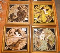 MAW & CO, SET OF FOUR TUBELINED MAJOLICA POTTERY TILES, DEPICTING THE SEASONS, IN WOOD FRAMES, (4)