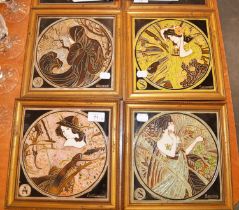 MAW & CO, SET OF FOUR TUBELINED MAJOLICA POTTERY TILES, DEPICTING THE SEASONS, IN WOOD FRAMES, (4)