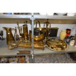 A GOOD SELECTION OF BRASS WARE TO INCLUDE; COAL BUCKET, FAN STYLE FIRE GUARD, 2 SETS OF FIRE IRONS