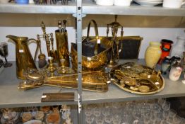 A GOOD SELECTION OF BRASS WARE TO INCLUDE; COAL BUCKET, FAN STYLE FIRE GUARD, 2 SETS OF FIRE IRONS